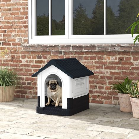 Caseta para Perros Mini para Exterior de Plástico con 3 Ventanas Base Elevada Techo Inclinado 64,5x57x66 cm Gris Oscuro (1/5)