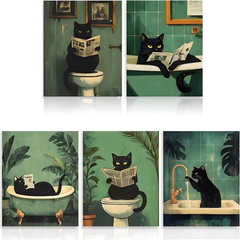 5pcs Chat Noir Tableau Decoration Murale 25 20cm Poster Mural Humour Affiche Murale étanche Affiche Toilette Decoration Salle de Bain Toile Decoration Bathroom Painting Vintage Sans Cadre (1/5)