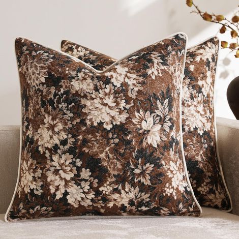 Deux pièces Vintage Floral Holding taie d'oreiller 18x18 bohème ferme décoration chenille carré décoration taie d'oreiller salon canapé - lit décoration à la maison brun foncé (1/5)