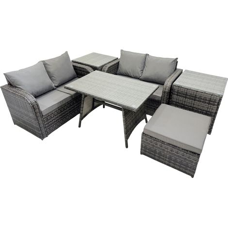Fimous 5 Seater Garden Outdoor Rattan Furniture Set Rattan Sofa Oblong Dining Table with 2 Side Table Dark Grey (1/5)