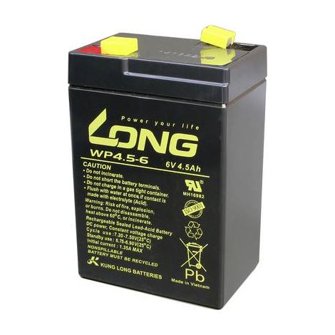 Long WP4.5-6 WP4.5-6 Batterie au plomb 6 V 4.5 Ah plomb (AGM) (l x H x P) 70 x 106 x 47 mm cosses plates 4,8 mm auto-décharge réduite, sans entretie Y860812 (1/2)