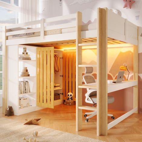 Lit mezzanine 140x200 cm - Avec LED, armoire, étagères et bureau - En pin - Blanc et naturel (1/5)