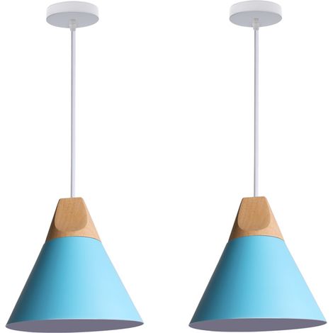 Lustre Suspension Moderne Plafonnier Luminaire en Métal et Bois Lampe à Suspension Réglable Bleu E27 Ø22CM - 2Pcs (1/5)