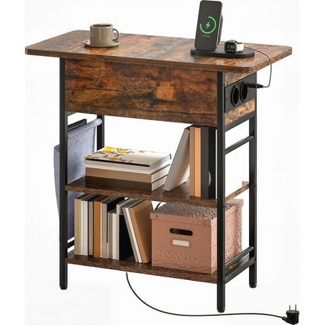 Table de chevet avec multiprise intégrée, 2 étagères de rangement, ports USB, 60 x 29,8 x 58,5 cm, marron rustique