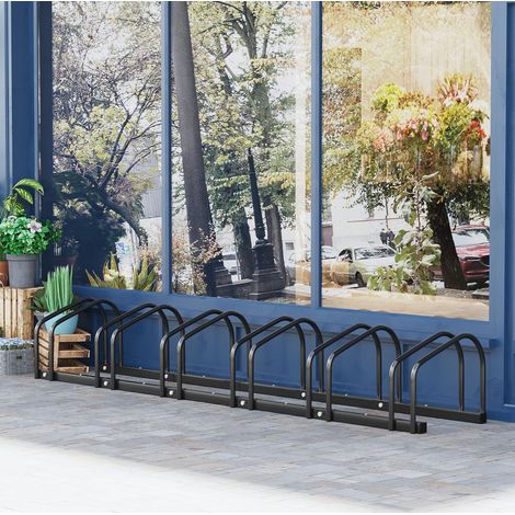 Range-vélos 6 places en acier résistant à la rouille, pour pneus jusqu'à 65 mm, montage au sol ou mural, extensible, intérieur et extérieur, noir – CHICFURN (1/5)