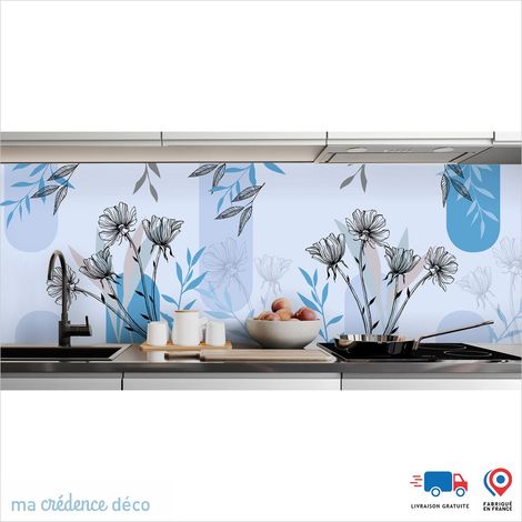 Crédence : Fleurs graphiques - Couleur Bleu clair - Alu composite - 120 - 60 (1/2)