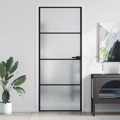 Porte intérieure fine, noire, 83 x 201,5 cm, verre trempé et aluminium