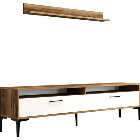 Dmora - Wohnzimmermöbel Dkatseri, Modulares Wohnzimmerset, Mehrzweck-Wohnzimmermöbel, Moderner TV-Schrank, 180x35h47 cm, Walnuss und Weiß (1/5)