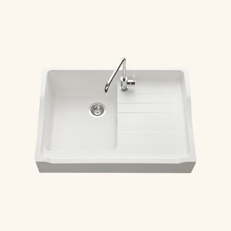 Kümbad – Évier timbre d'office granit blanc grisé mat – 89,5x61 cm – 1 bac avec égouttoir à droite – Vidage manuel – Bonde incluse