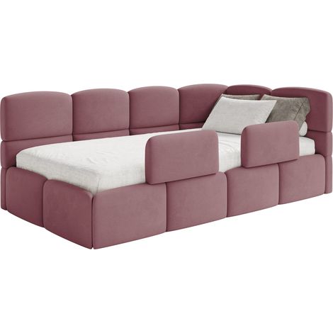 Selsey Cloudy – Kinderbett 120x200, Kopfteil rechts, Matratze & Bettkasten, Samt Rosa