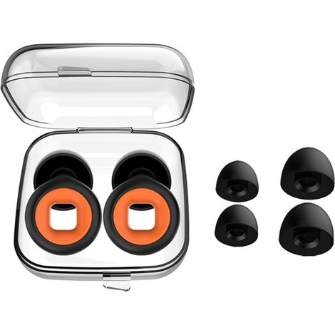 Bouchons d'oreilles en silicone antibruit, forme de pièce, réutilisables et lavables, noir et orange, pour dormir, travailler ou étudier. (1/3)