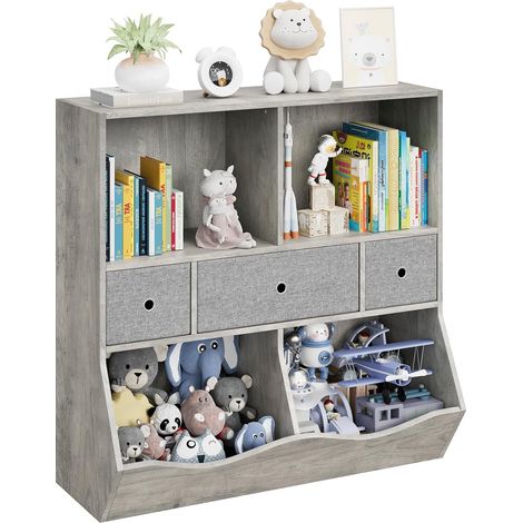 Organiseur jouets enfants gris 3 niveaux 7 casiers, 3 tiroirs mobiles bibliothèque pour salle de jeux (1/4)