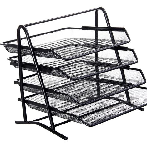 Organiseur de bureau pour dossiers suspendus, 4 compartiments, maille métallique résistante, montage facile, coins triangulaires, noir.