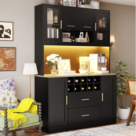 Aparador alto de cocina 120x36,3x180 cm con LED, enchufe, 6 puertas y 2 cajones negro OKWISH (1/5)