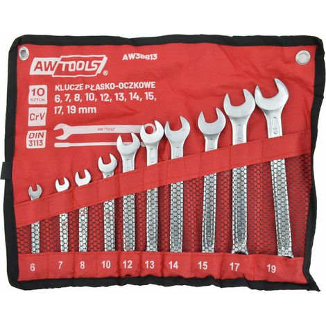 Juego de llaves combinadas 10 piezas 6-19mm AWTOOLS, herramienta profesional, doble boca fija y estrella, acero resistente, ideal para mecánica y mantenimiento.
