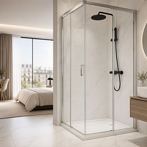 Jiubiaz Receveur de douche extra-plat 80 x 80 cm carré blanc avec évacuation Ø 90 mm noire (1/5)