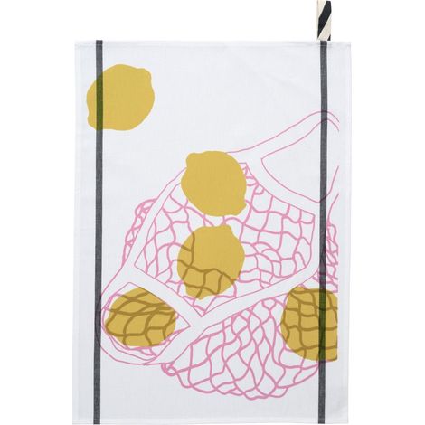 Torchon de cuisine absorbant en coton biologique motif filet de citrons jaune et blanc 50 x 70 cm - PANGIVO