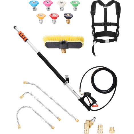 Lance Télescopique pour Nettoyeur Haute Pression 6358 mm, Baguette Pulvérisation Télescopique 4000 psi avec Rallonges, Tête Brosse, Coupleur Pivotant, 7 Buses, Harnais de Support, pour Gouttière (1/5)