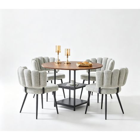 Set tavolo rotondo 107 cm effetto noce con 4 sedie rivestite beige chiaro (1/5)