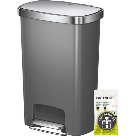 Grande poubelle de cuisine en plastique avec couvercle en acier inoxydable, fermeture douce et reste ouvert, compartiment désodorisant, large pédale en acier pour la maison, 50 l, gris (1/5)
