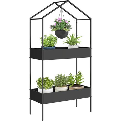 Zweistöckiger, hausförmiger Pflanzenständer, 150 cm hoher Blumenständer mit Haken, schwarzes Metall