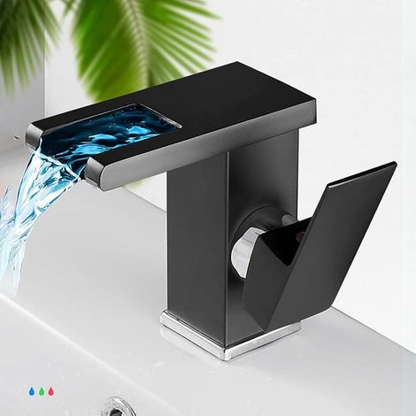 Robinet de lavabo avec éclairage LED, contrôle de la température de l'eau par changement de couleur, bec cascade en laiton - modèle haut noir (1/5)