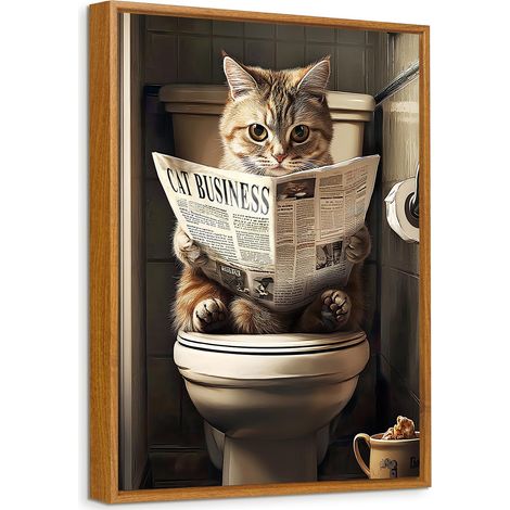 Drôle de Chat Tableau Encadrée Poster Mural Chaton Lire le Journal sur Les Toilettes Peinture Impression sur Toile Image Affiche Tableau Decoration Murale Salon Salle de Bains Toilettes WC 30x40cm (1/5)