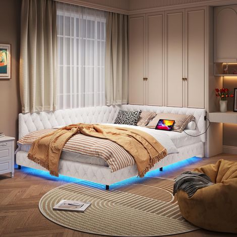 Bett 140 x 200 cm – Doppelbett/Erwachsenenbett – Bettrahmen mit Lattenrost, integrierten LEDs und USB-/Typ-C-Anschlüssen – aus Lammfell – beige