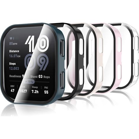 5 Pièces Coque Compatible avec Amazfit Bip 6, Housse Rigide en PC avec Protecteur d'écran, Coque HD avec Verre Trempé - Transparent, Noir,Blanc,Vert,Rose (1/5)
