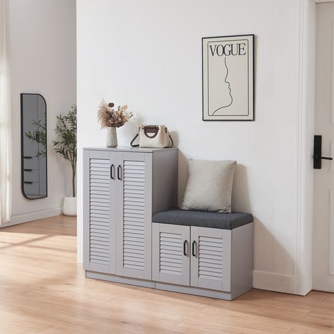 Mueble zapatero Løten + banco 9 compartimentos para 18 pares 97x120x36 cm - Gris [en.casa]