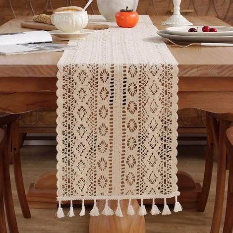Table runner - Crocheted lace table runner - Bohemian cotton table runner - with tassels, rustic farmhouse style table decoration, woven table decoration, suitable for weddings, bachelor/bachelorette  (1/5)