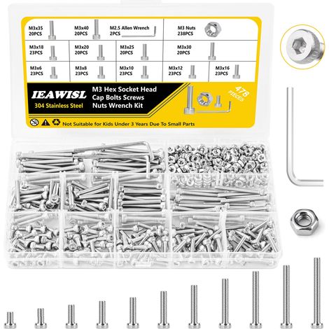 478 Pièces Coffret Boulons et Écrous M3, Vis à Tête Cylindrique à Empreinte Hexagonale, Assortiment en Acier Inoxydable 304 pour Réparation et Bricolage, Clé Fournie (1/5)