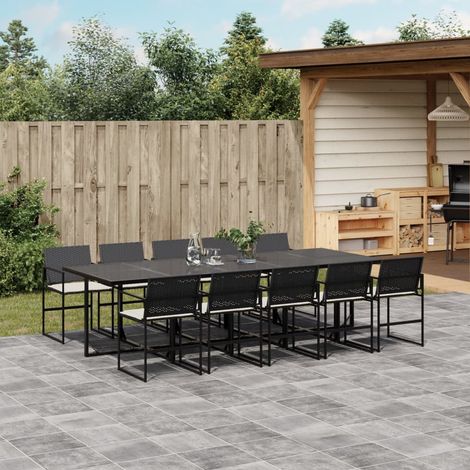 Set de comedor jardín 11 pzas con cojines ratán sintético negro