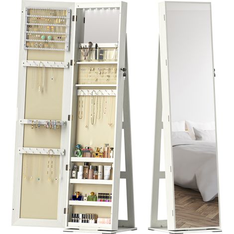 Armoire à bijoux LED avec miroir et serrure blanc veiné bois