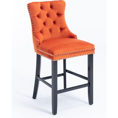 CAIziTabourets de bar contemporains rembourrés en velours avec décoration capitonnée à boutons, pieds en bois et finition clous chromés, chaises de bar style loisirs, lot de 2 (orange),DE2002OG