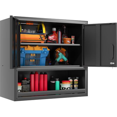 Armoire murale de rangement pour outils en métal noir, porte verrouillable, étagère réglable et tiroir ouvert, idéale garage, atelier, bureau – CHICFURN (1/5)