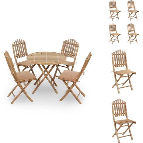 5-tlg. Garten-Essgruppe mit Kissen Klappbar Bambus - Bambus Möbel - Gartentisch - Gartenstühle - Essgruppe - Gartenset (1/5)
