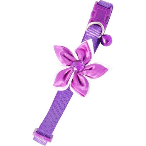 Collar morado para mascotas con una flor decorativa y una campanilla práctica. (1/3)