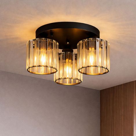 Lampada da soffitto Plafoniera da soggiorno lampada rotonda cristalli acrilici camera da letto, metallo nero, 3x E27 filamento LED bianco caldo, DxH 35x18 cm