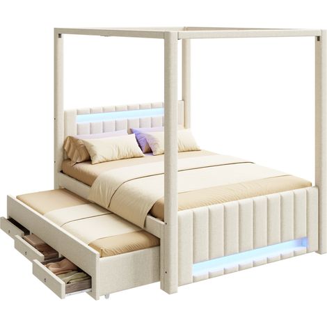 Cama con dosel tapizada de lino beige 140x200 cm con cama nido extraíble, 3 cajones y LED (1/5)