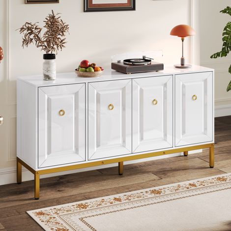 DESMIU Buffet et enfilade 4 portes avec étagères réglables, pieds en métal doré, pour salon, blanc, 140 × 40 × 80 cm (1/5)