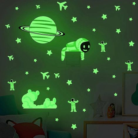 Stickers muraux fluorescents représentant des avions cosmiques pour la décoration du salon - Stickers muraux lumineux représentant des étoiles de l'univers et des avions (1/5)