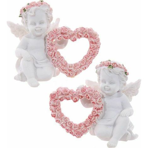 Lot de 2 statues chérubins en résine blanche avec cœur, rose et couronne - Décoration intérieure et extérieure pour jardin ou terrasse (1/5)
