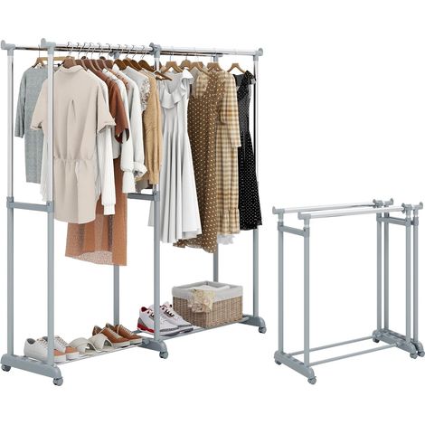 COSTWAY Portant a Vetement Double sur Roulette, Penderie Vetement Solide Extensible, Hauteur Réglable 94-169 cm, Largeur Réglable 107-168 cm, Porte Cintres sur Pied en Métal pour Vestiaire, Buanderie (1/5)
