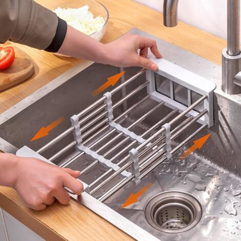 LAN Égouttoir extensible, organisateur d'évier de cuisine, antirouille, support de rangement pour éponge, chiffon, brosse et liquide vaisselle, gris. (1/4)
