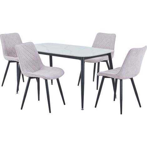 Aspen Gloss White Sintered Stone Rectangular Table & 4 Natural Fabric Chair Set - Metal - L54 x W53.5 x H85.5 cm