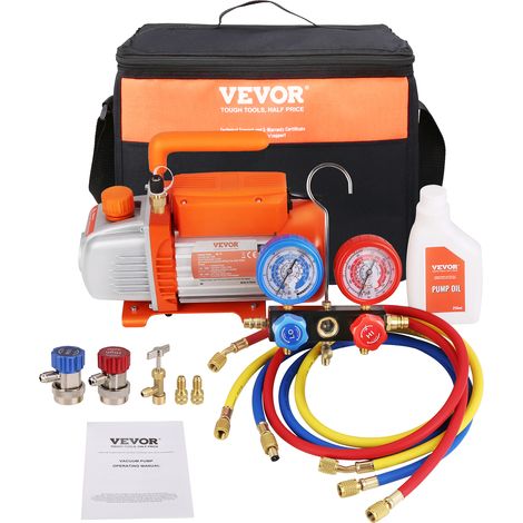 Mophorn – Pompe à vide 100 L/min – 150 W – Vide limite 5 Pa – Vitesse 1440 tr/min – Kit jauges et tuyau tricolore – Sac de transport pour R134a