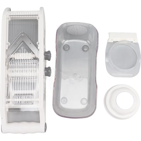 Affettatrice per frutta e verdura in acciaio inox, ideale per affettare limoni e patate, con protezione per le mani, per la cucina di casa. (1/5)