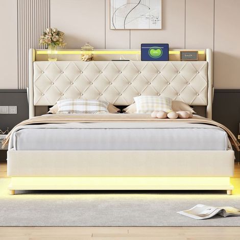 lit coffre 160x200 , chargement USB, lit double , LED , Tête lit étagère ,stockage hydraulique, tissu lin, beige (1/5)