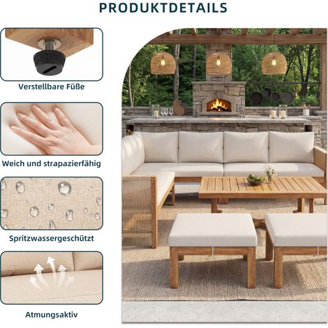 Conjoint de meubles modulaires en bois d’akazi, canapé d’angle 6 places, coussins, 2 tabourets, table en akazi, résistant à l’eau, couleur beige. (1/5)